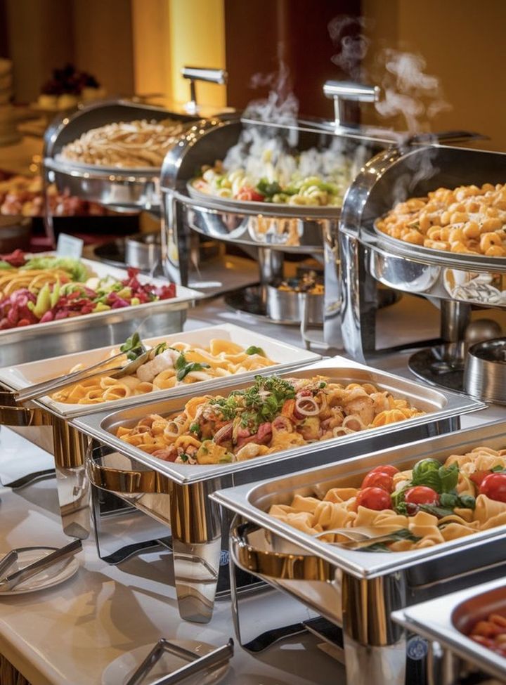 A hot buffet of pasta and salads in silver serving trays