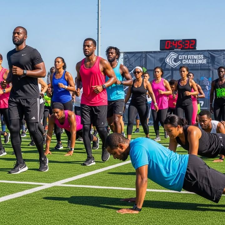 A group workout on an outdoor field with people running and doing push-ups