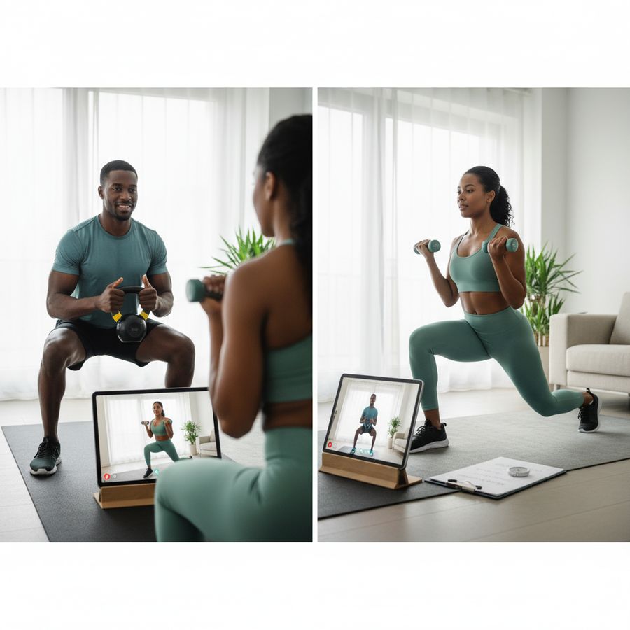 A coach guiding a client through a workout live on a tablet