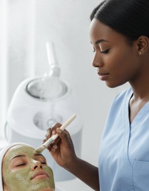 A therapist applying a facial mask to a client