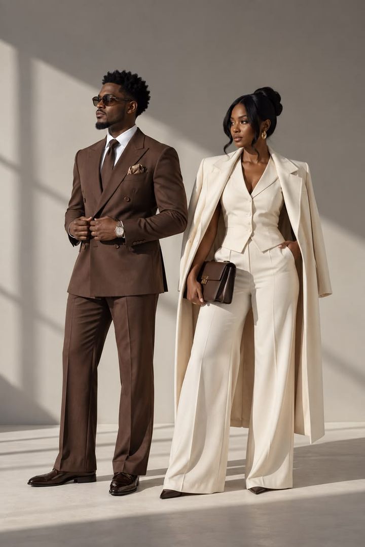 A man and a woman in tailored brown and cream outfits