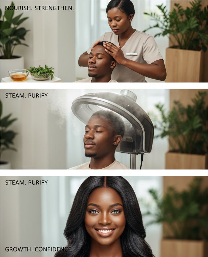 Three scenes of a hair and scalp treatment: a scalp massage, a steam treatment and a client with healthy shiny hair