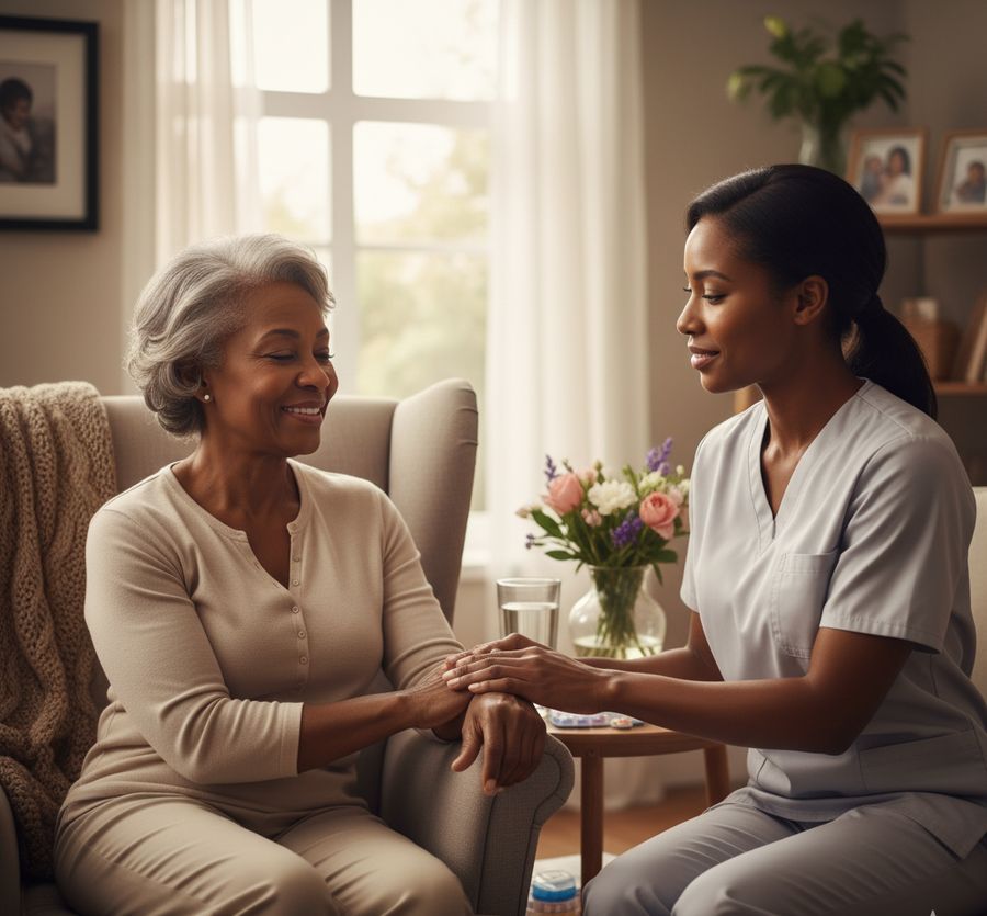 A caregiver gently holding the hand of an older woman in her living room