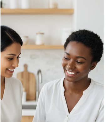Two women looking at a personalised meal plan on a tablet beside a fresh salad