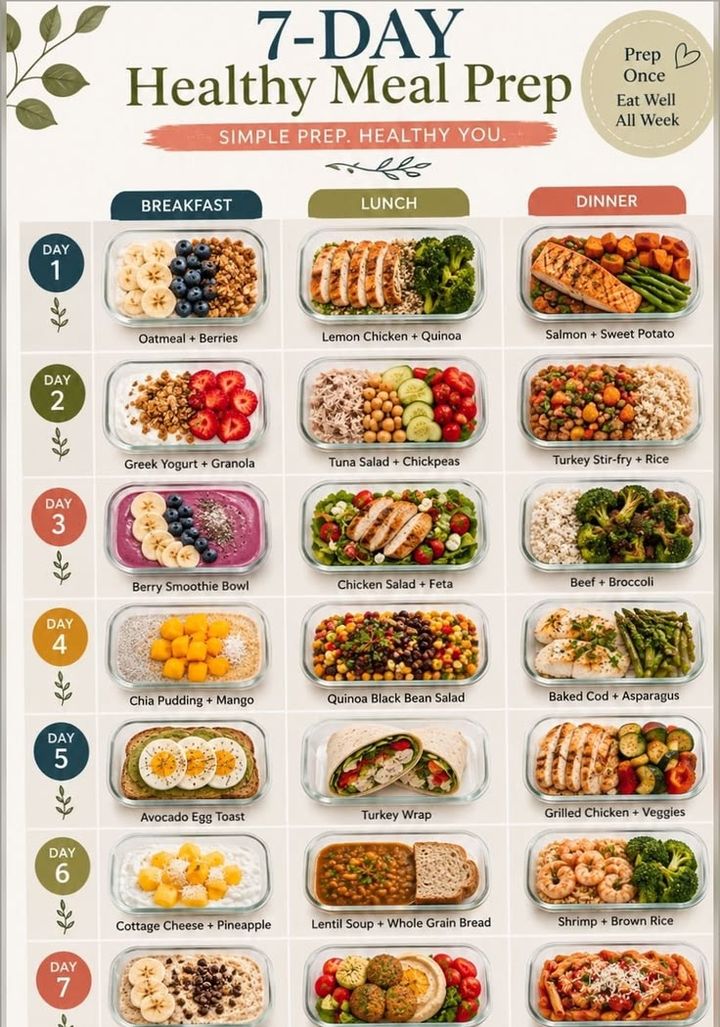 A seven-day healthy meal prep chart with breakfast, lunch and dinner boxes