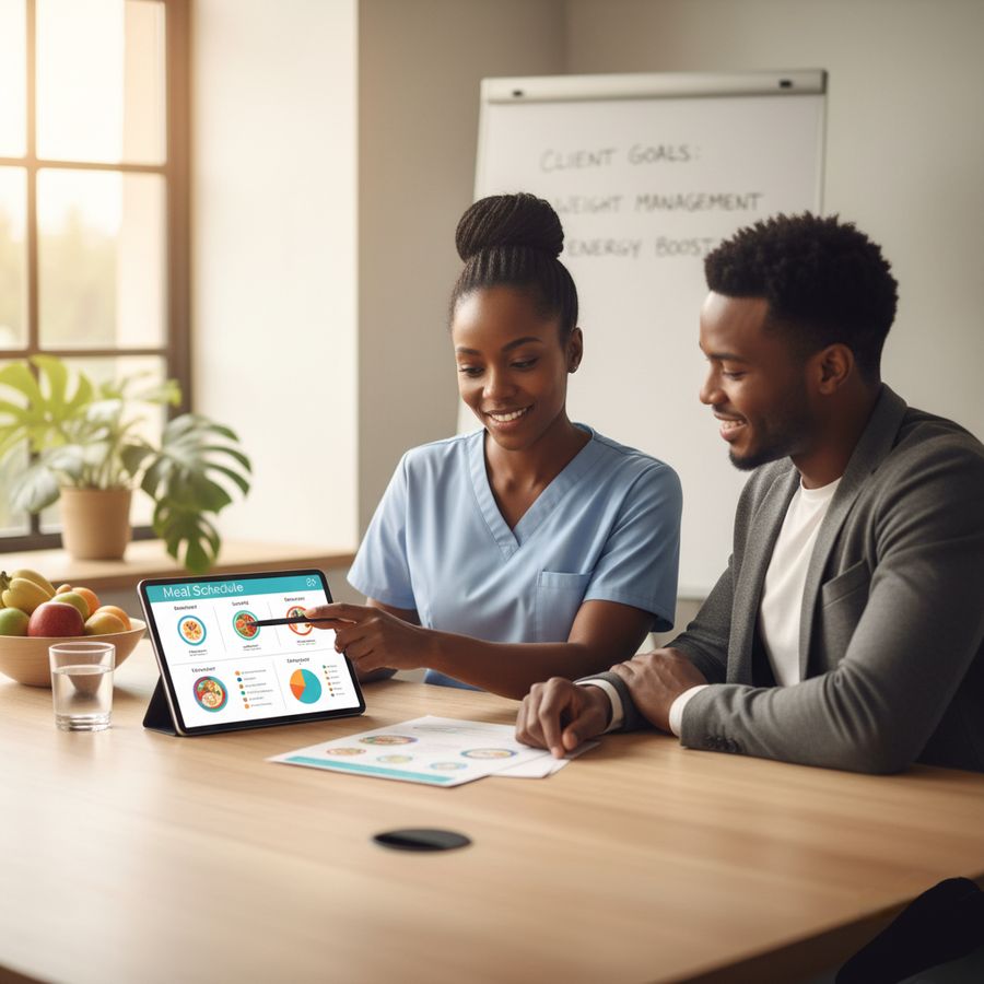 A nutrition adviser going through a meal schedule on a tablet with a client