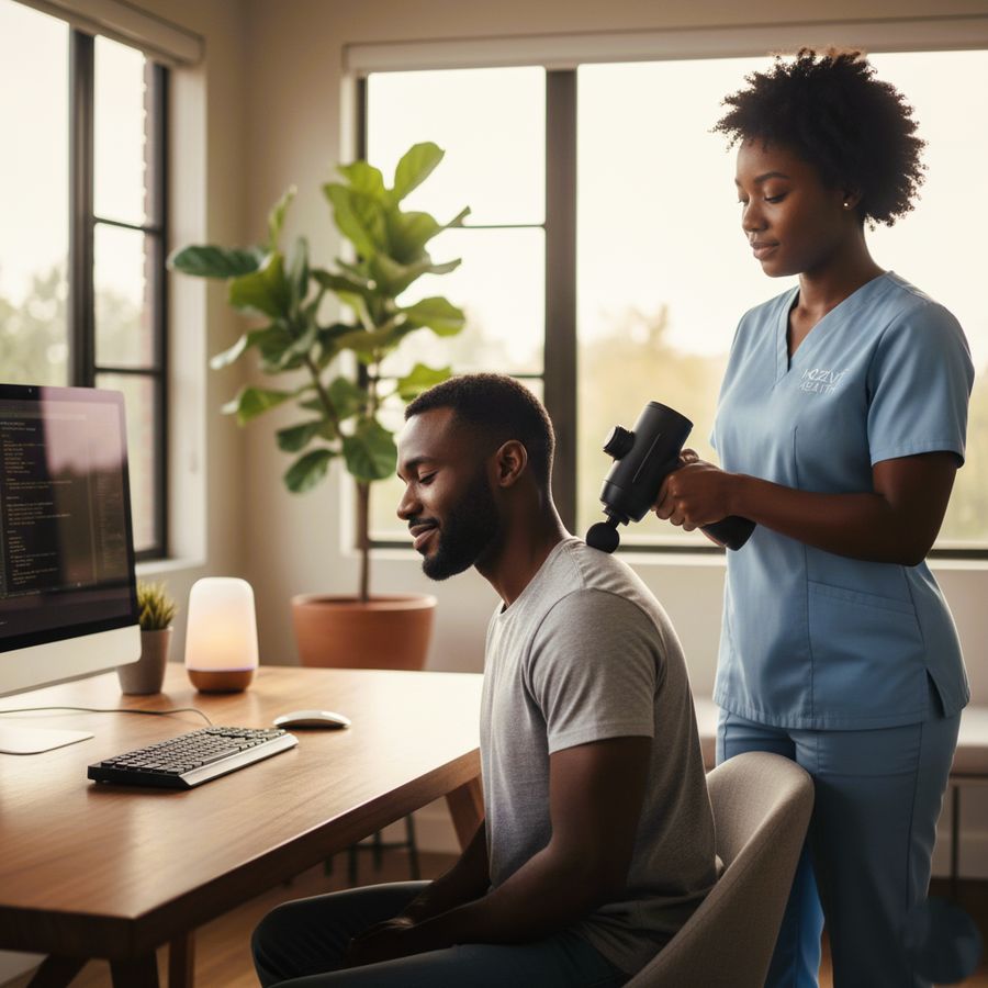 A therapist using a massage gun on a client's neck while he sits at his office desk