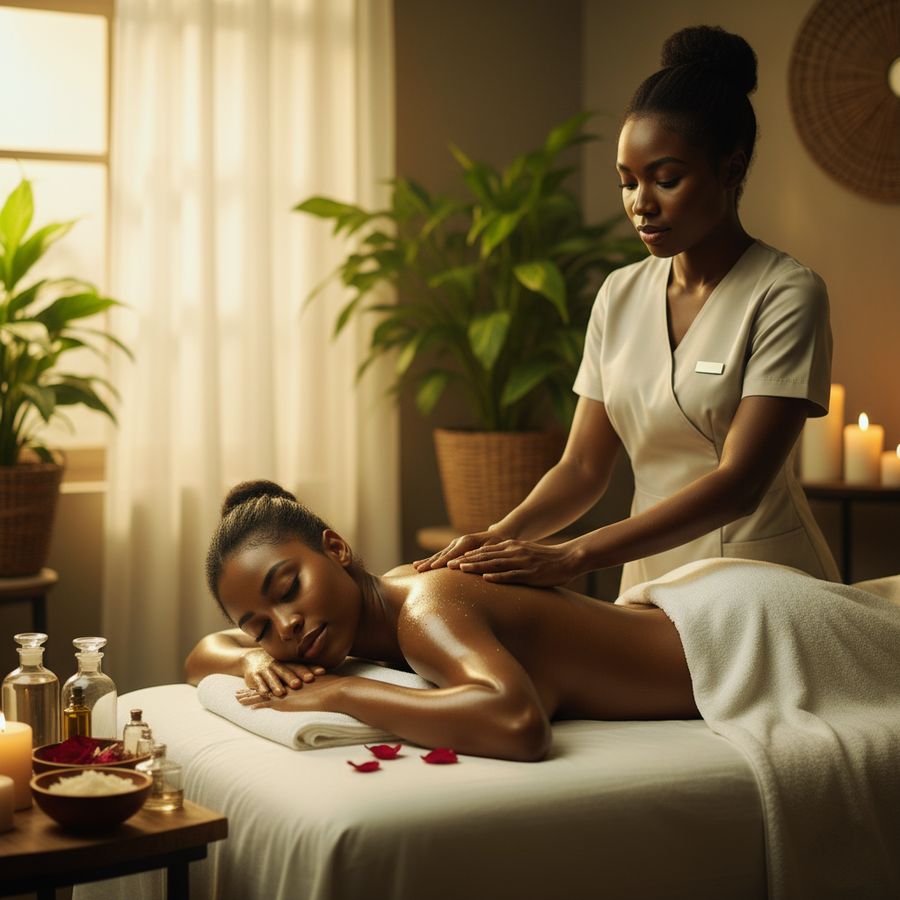 A relaxing oil massage with rose petals and candles