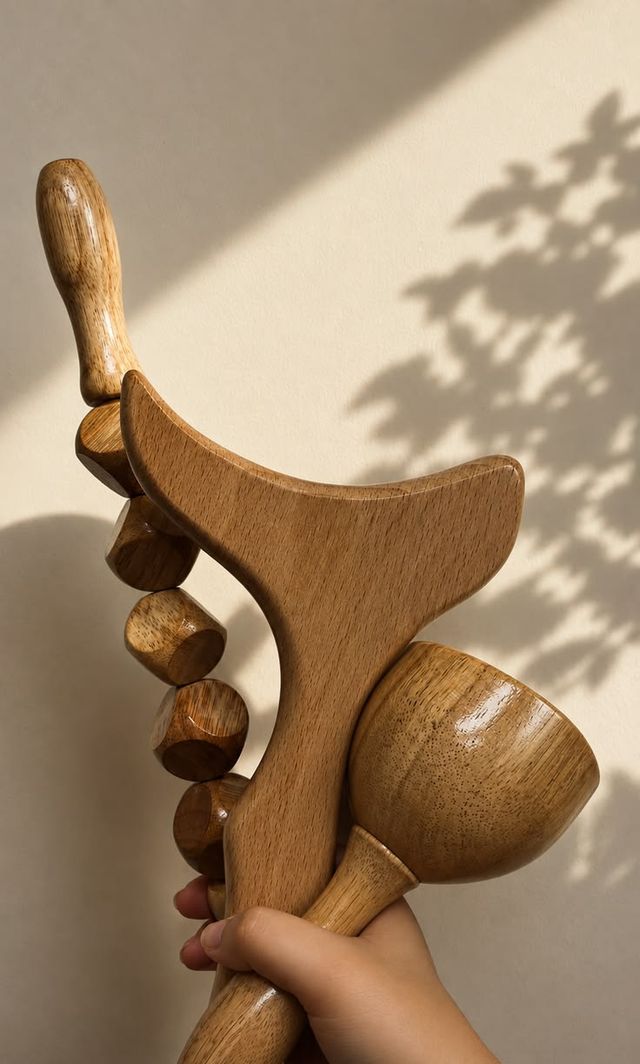 Wooden body sculpting and massage tools held in the light