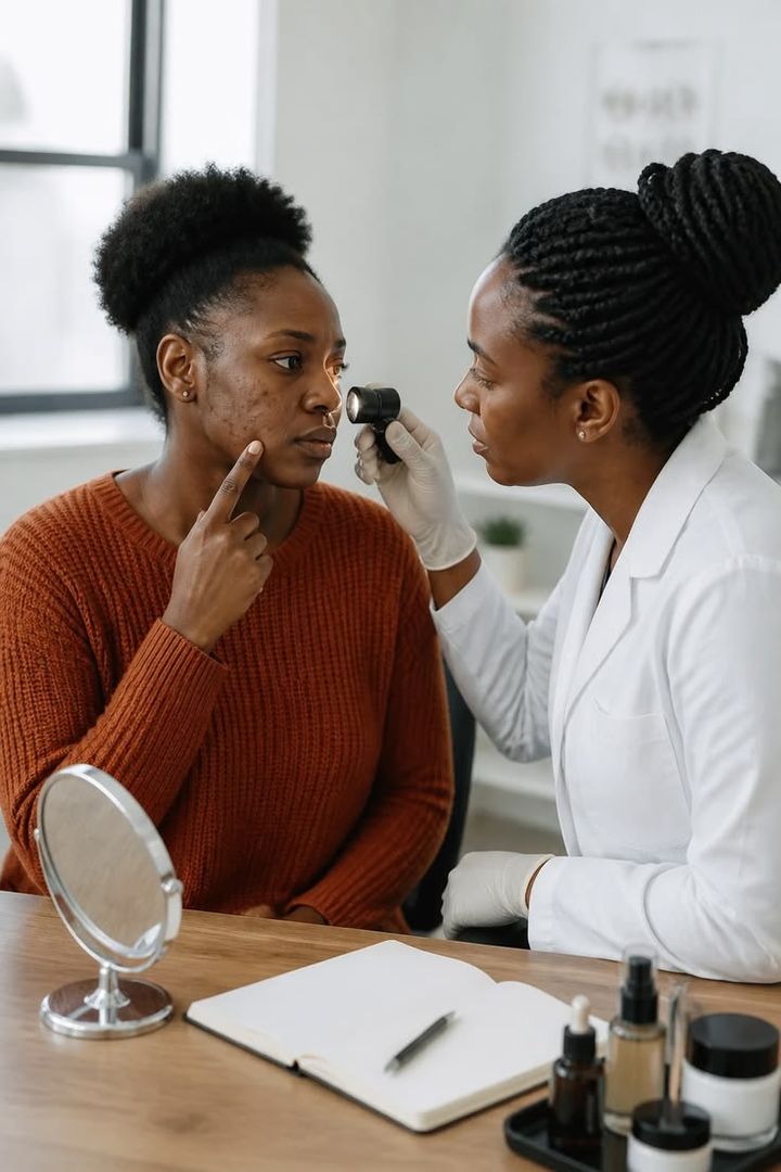 A skincare specialist examining a client's skin with a light during a consultation
