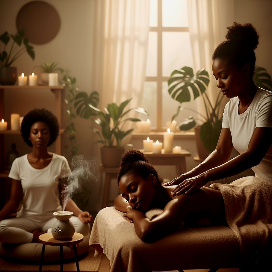 A calm massage room with candles, where a therapist works on a client's shoulders