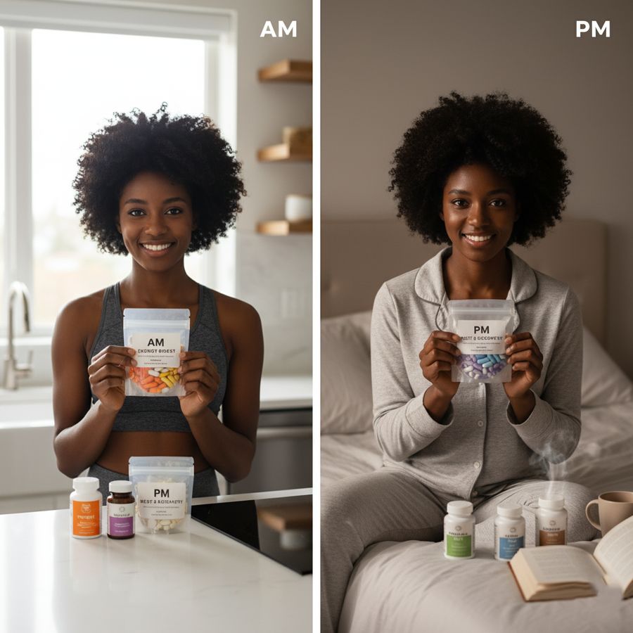 A woman holding her morning supplement pack in the kitchen and her evening pack in bed